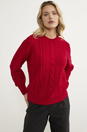 Saç Örgü Sıfır Yaka Triko Kazak - Kırmızı