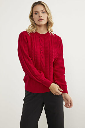Saç Örgü Sıfır Yaka Triko Kazak - Kırmızı