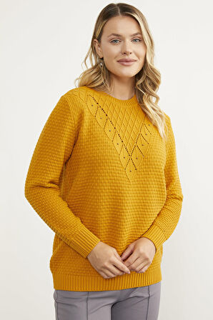 Yaprak Motif Petek Örgü Triko Kazak - Güneş