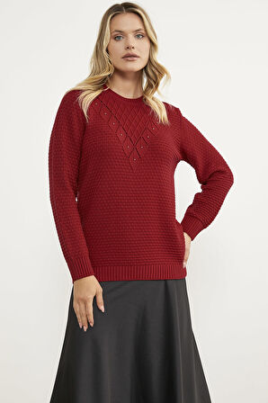 Yaprak Motif Petek Örgü Triko Kazak - Kırmızı