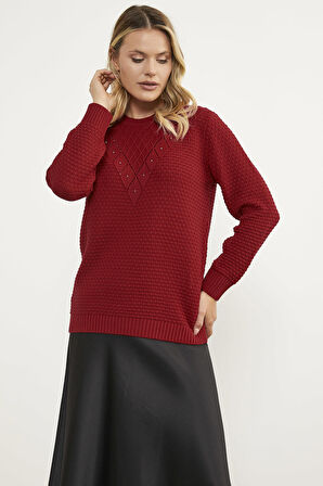 Yaprak Motif Petek Örgü Triko Kazak - Kırmızı