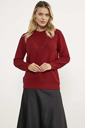 Yaprak Motif Petek Örgü Triko Kazak - Kırmızı