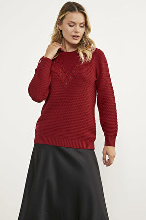 Yaprak Motif Petek Örgü Triko Kazak - Kırmızı