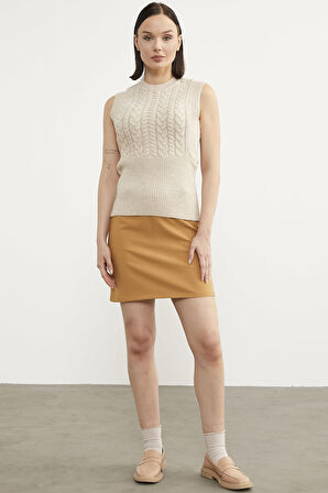 Bele Oturmalı Saç Örgü Triko Süveter - Taş