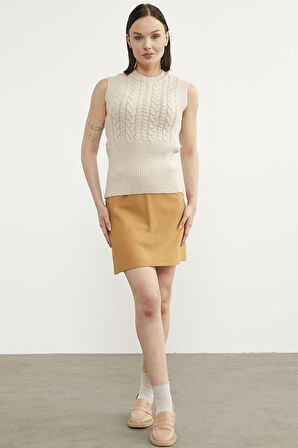 Bele Oturmalı Saç Örgü Triko Süveter - Taş