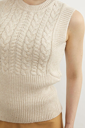 Bele Oturmalı Saç Örgü Triko Süveter - Taş