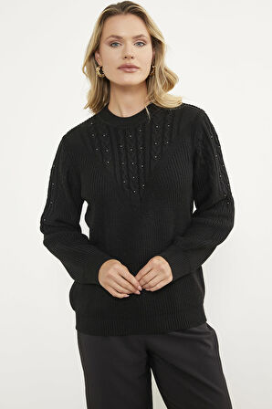 İnci Detaylı Dik Yaka Triko Kazak - Siyah