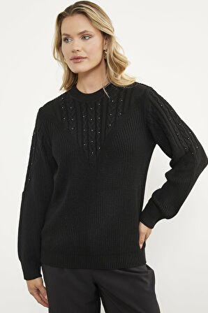 İnci Detaylı Dik Yaka Triko Kazak - Siyah