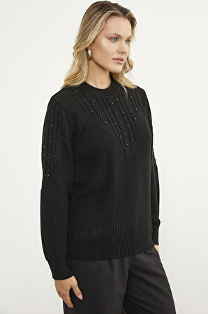 İnci Detaylı Dik Yaka Triko Kazak - Siyah