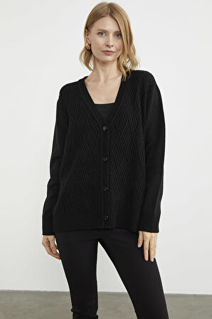 Ajurlu Düğmeli Triko Hırka - Siyah