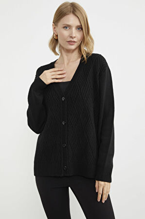 Ajurlu Düğmeli Triko Hırka - Siyah
