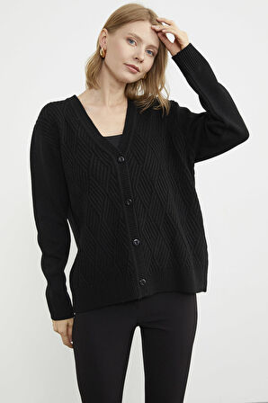 Ajurlu Düğmeli Triko Hırka - Siyah