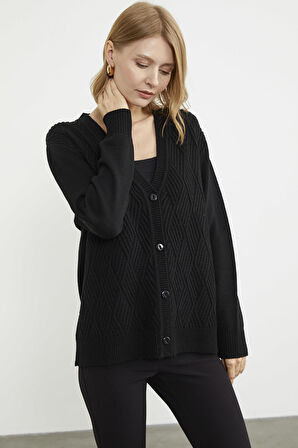 Ajurlu Düğmeli Triko Hırka - Siyah