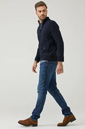 Erkek Dik Yaka  Fermuarlı Cepli Triko Mont - Lacivert