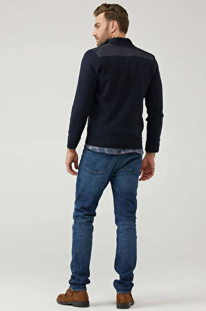 Erkek Dik Yaka  Fermuarlı Cepli Triko Mont - Lacivert