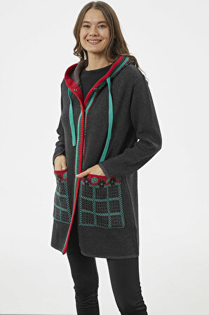 Kapüşonlu Büyük Cepli Triko Ceket - Antrasit