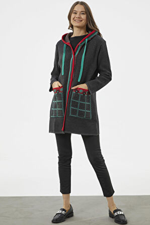 Kapüşonlu Büyük Cepli Triko Ceket - Antrasit