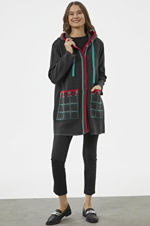 Kapüşonlu Büyük Cepli Triko Ceket - Antrasit