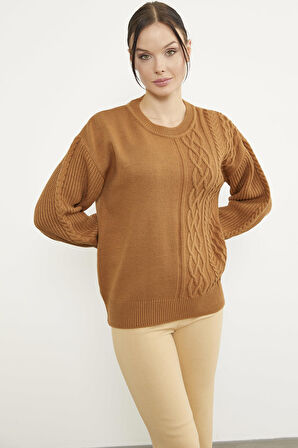 Prenses Kol Örgü Detaylı Triko Kazak - Kamel