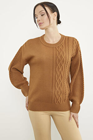 Prenses Kol Örgü Detaylı Triko Kazak - Kamel