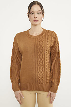Prenses Kol Örgü Detaylı Triko Kazak - Kamel