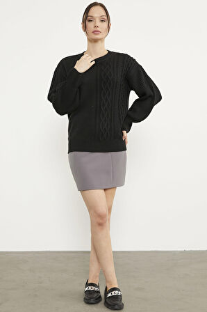 Prenses Kol Örgü Detaylı Triko Kazak - Siyah