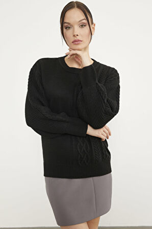 Prenses Kol Örgü Detaylı Triko Kazak - Siyah
