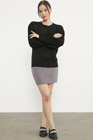 Prenses Kol Örgü Detaylı Triko Kazak - Siyah