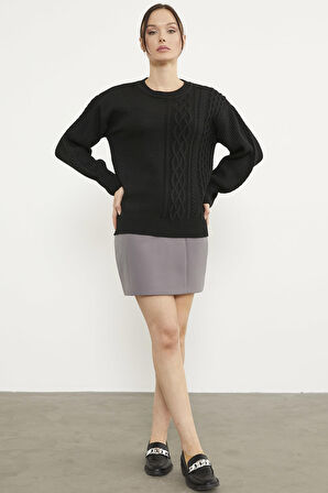 Prenses Kol Örgü Detaylı Triko Kazak - Siyah