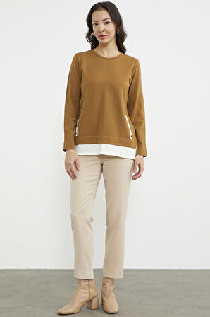 Etek Ucu Parçalı Triko Kazak - Kamel