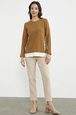 Etek Ucu Parçalı Triko Kazak - Kamel