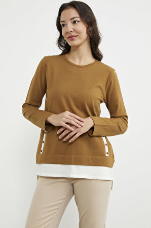 Etek Ucu Parçalı Triko Kazak - Kamel