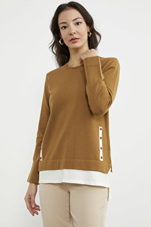 Etek Ucu Parçalı Triko Kazak - Kamel