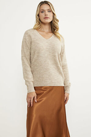 Petek Örgü V Yaka Triko Kazak - Bej