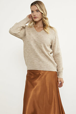Petek Örgü V Yaka Triko Kazak - Bej