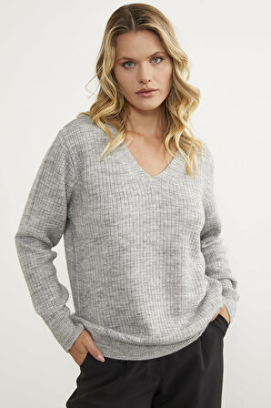 Petek Örgü V Yaka Triko Kazak - Açık Gri