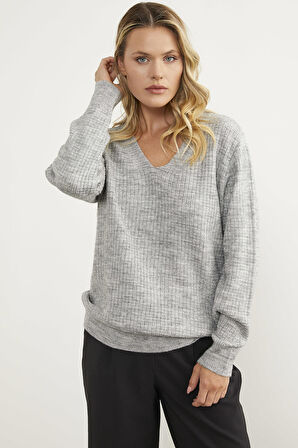 Petek Örgü V Yaka Triko Kazak - Açık Gri