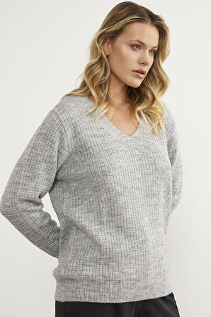 Petek Örgü V Yaka Triko Kazak - Açık Gri