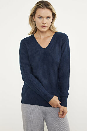Petek Örgü V Yaka Triko Kazak - Lacivert