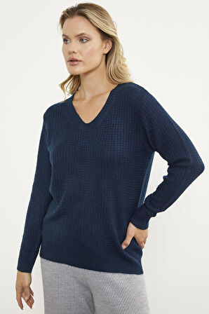 Petek Örgü V Yaka Triko Kazak - Lacivert