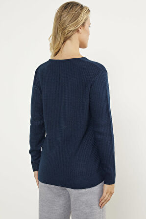 Petek Örgü V Yaka Triko Kazak - Lacivert