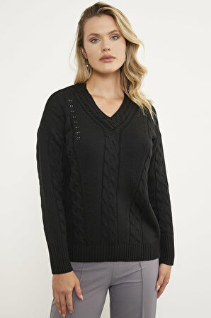 Saç Örgülü V Yaka Triko Kazak - Siyah