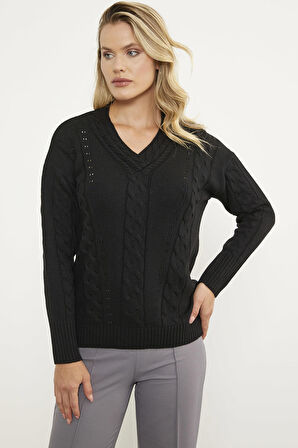 Saç Örgülü V Yaka Triko Kazak - Siyah