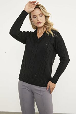 Saç Örgülü V Yaka Triko Kazak - Siyah