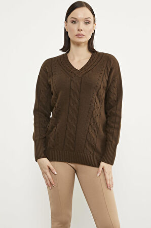 Saç Örgülü V Yaka Triko Kazak - Kahve