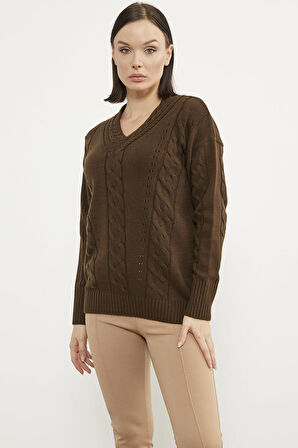 Saç Örgülü V Yaka Triko Kazak - Kahve