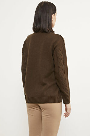 Saç Örgülü V Yaka Triko Kazak - Kahve