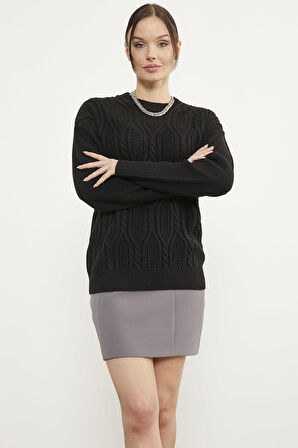 Oversize Kabartma Desenli Triko Kazak - Siyah