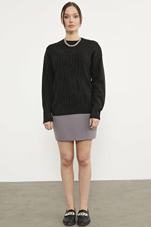 Oversize Kabartma Desenli Triko Kazak - Siyah