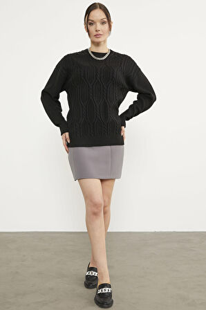 Oversize Kabartma Desenli Triko Kazak - Siyah